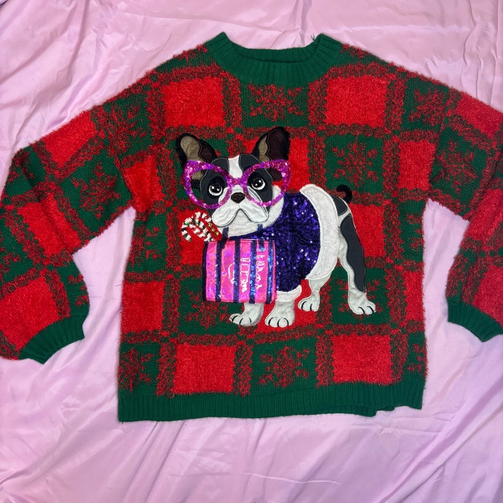 Holiday Time Green and Red Knit Sweater